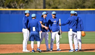 Feb 17, 2026; Dunedin, FL, USA;  Members of the Toronto Blue Jays  prepare for a drill during spring training at Bobby Mattick Training Center at Englebert Complex. Mandatory Credit: Jonathan Dyer-Imagn Images