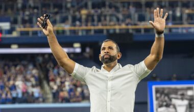 Aug 12, 2023; Toronto, Ontario, CAN; Toronto Blue Jays Jose Bautista waves to the fans before being inducted into the Level of Excellence before an MLB game against the Chicago Cubs at Rogers Centre. Mandatory Credit: Kevin Sousa-Imagn Images