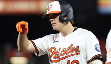 Sep 18, 2025; Baltimore, Maryland, USA; Baltimore Orioles first baseman Coby Mayo (16) celebrates after hitting a single during the second inning against the New York Yankees at Oriole Park at Camden Yards. Mandatory Credit: Daniel Kucin Jr.-Imagn Images