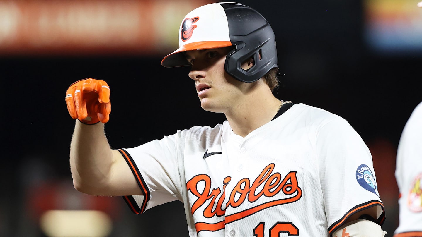 Sep 18, 2025; Baltimore, Maryland, USA; Baltimore Orioles first baseman Coby Mayo (16) celebrates after hitting a single during the second inning against the New York Yankees at Oriole Park at Camden Yards. Mandatory Credit: Daniel Kucin Jr.-Imagn Images