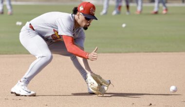 Feb 16, 2026; Jupiter, FL, USA;  St. Louis Cardinals shortstop Masyn Winn (0) fields a ground ball during spring training workouts at Roger Dean Stadium. Mandatory Credit: Reinhold Matay-Imagn Images