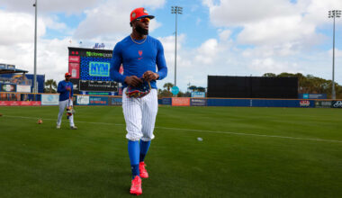 Feb 17, 2026; Port St. Lucie, FL, USA; New York Mets outfielder Luis Robert Jr. (88) looks on from the field during spring trining at Clover Park. Mandatory Credit: Sam Navarro-Imagn Images