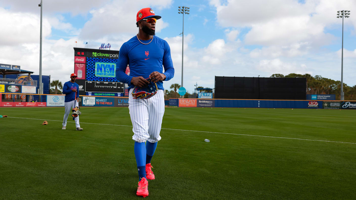 Feb 17, 2026; Port St. Lucie, FL, USA; New York Mets outfielder Luis Robert Jr. (88) looks on from the field during spring trining at Clover Park. Mandatory Credit: Sam Navarro-Imagn Images