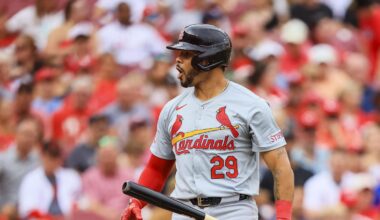 Aug 12, 2024; Cincinnati, Ohio, USA; St. Louis Cardinals outfielder Tommy Pham (29) reacts after striking out in the first inning against the Cincinnati Reds at Great American Ball Park. Mandatory Credit: Katie Stratman-Imagn Images