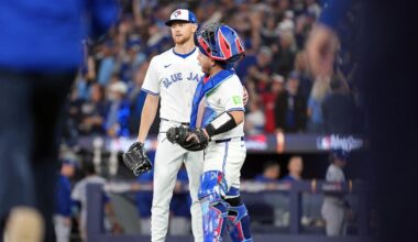 Oct 24, 2025; Toronto, Ontario, CAN; Toronto Blue Jays pitcher Eric Lauer (56) celebrates with catcher Alejandro Kirk (30) after defeating the Los Angeles Dodgers in game one of the 2025 MLB World Series at Rogers Centre. Mandatory Credit: Nick Turchiaro-Imagn Images