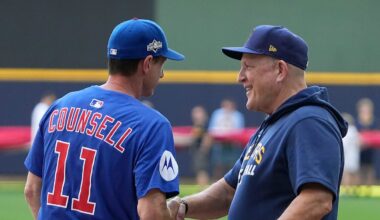 Chicago Cubs manager Craig Counsell (11) and Milwaukee Brewers manager Pat Murphy (49) shake hands before the National League Division Series game on Saturday October 4, 2025 at American Family Field in Milwaukee, Wisconsin.