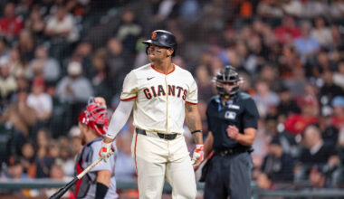 Sep 24, 2025; San Francisco, California, USA; San Francisco Giants designated hitter Rafael Devers (16) reacts after striking out against the St. Louis Cardinals during the seventh inning at Oracle Park. Mandatory Credit: Neville E. Guard-Imagn Images