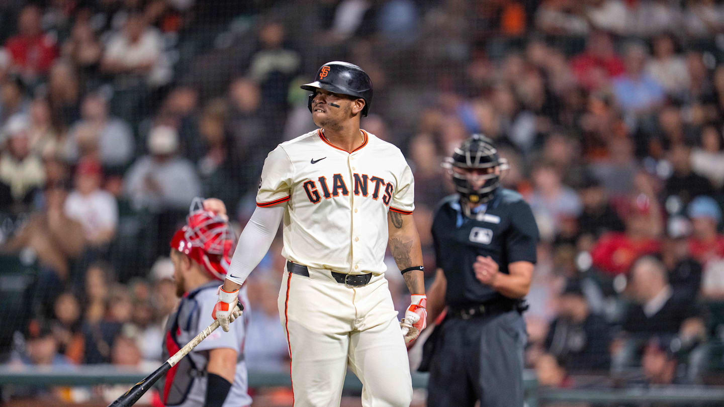 Sep 24, 2025; San Francisco, California, USA; San Francisco Giants designated hitter Rafael Devers (16) reacts after striking out against the St. Louis Cardinals during the seventh inning at Oracle Park. Mandatory Credit: Neville E. Guard-Imagn Images