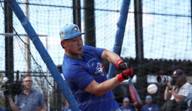 Feb 16, 2026; Dunedin, FL, USA; Toronto Blue Jays infielder Kazuma Okamoto (7) works out during spring training practice at Player Development Complex. Mandatory Credit: Kim Klement Neitzel-Imagn Images