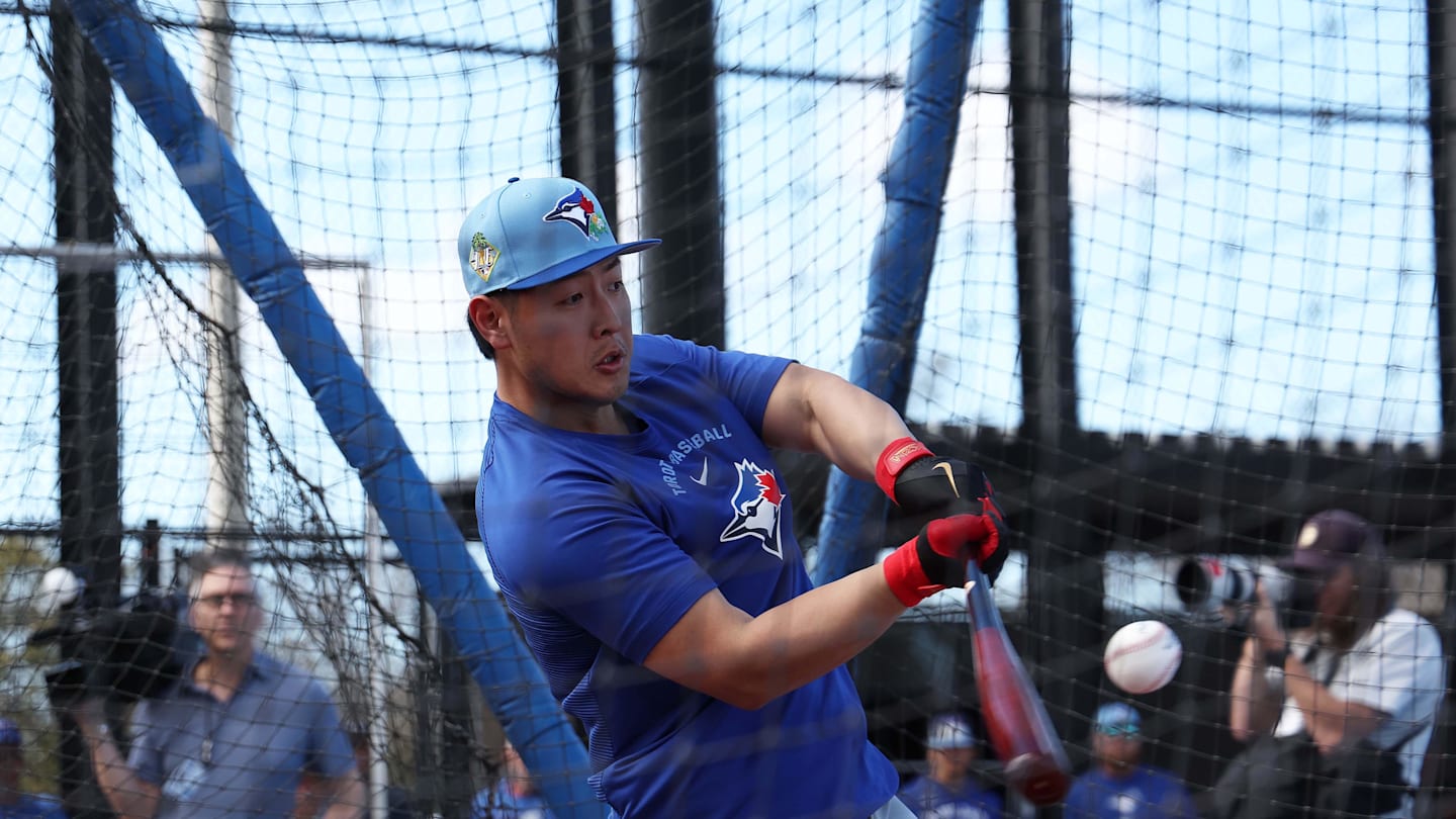 Feb 16, 2026; Dunedin, FL, USA; Toronto Blue Jays infielder Kazuma Okamoto (7) works out during spring training practice at Player Development Complex. Mandatory Credit: Kim Klement Neitzel-Imagn Images