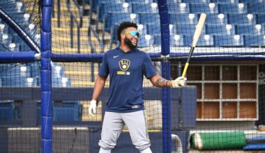Milwaukee Brewers outfielder Jackson Chourio hits in the batting cage during spring training workouts Monday, February 16, 2026, at American Family Fields of Phoenix in Phoenix, Arizona.