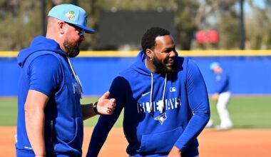 Feb 17, 2026; Dunedin, FL, USA; Toronto Blue Jays infielder Vladimir Guerrero Jr. (27) talks with manager John Schneider (14) during spring training at Bobby Mattick Training Center at Englebert Complex. Mandatory Credit: Jonathan Dyer-Imagn Images
