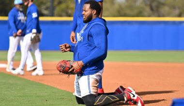 Feb 19, 2026; Dunedin, FL, USA; Toronto Blue Jays infielder Vladimir Guerrero Jr. (27) prepares to take infield during spring training at Bobby Mattick Training Center at Englebert Complex. Mandatory Credit: Jonathan Dyer-Imagn Images