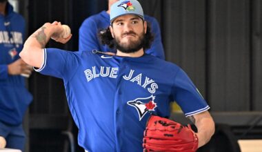 Feb 13, 2026; Dunedin, FL, USA; Toronto Blue Jays pitcher Dylan Cease (84) throws a pitch during spring training at the Bobby Mattick Training Center at Englebert Complex. Mandatory Credit: Jonathan Dyer-Imagn Images