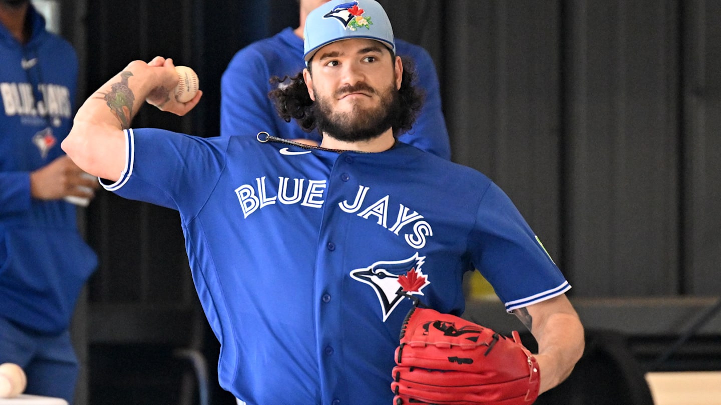 Feb 13, 2026; Dunedin, FL, USA; Toronto Blue Jays pitcher Dylan Cease (84) throws a pitch during spring training at the Bobby Mattick Training Center at Englebert Complex. Mandatory Credit: Jonathan Dyer-Imagn Images