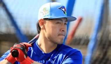 Feb 16, 2026; Dunedin, FL, USA; Toronto Blue Jays infielder Kazuma Okamoto (7) works out during spring training practice at Player Development Complex. Mandatory Credit: Kim Klement Neitzel-Imagn Images