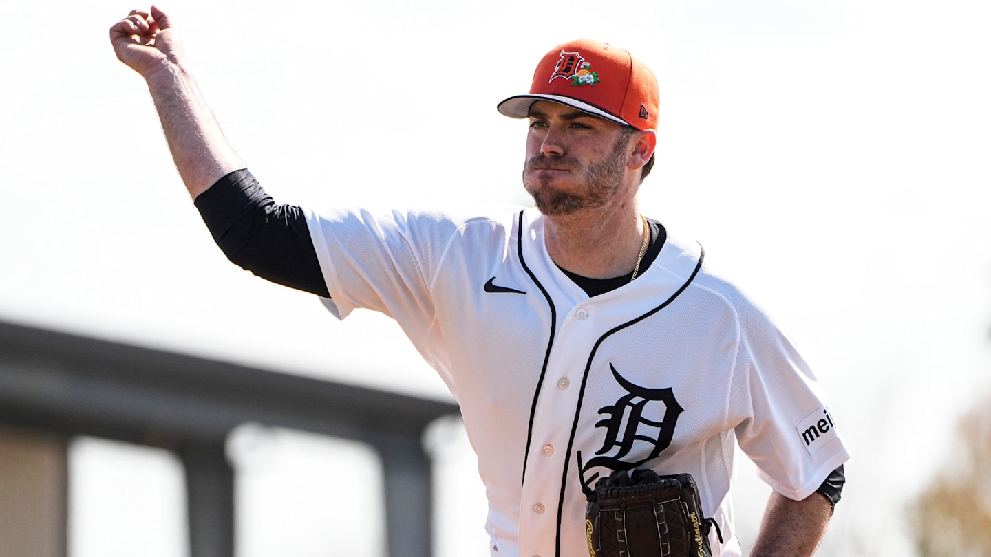 Detroit Tigers pitcher Matt Seelinger practices during spring training at TigerTown in Lakeland, Fla. on Saturday, Feb. 14, 2026.