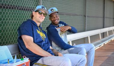 Milwaukee Brewers pitchers Trevor Megill, left, and pitcher Abner Uribe talk in the dugout during spring training workouts Saturday, February 14, 2026, at American Family Fields of Phoenix in Phoenix, Arizona.