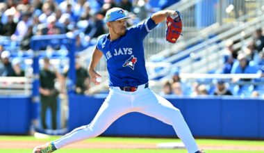 Feb 23, 2026; Dunedin, Florida, USA; Toronto Blue Jays starting  pitcher Jose Berrios (17) throws a pitch in the first inning against the New York Mets at TD Ballpark. Mandatory Credit: Jonathan Dyer-Imagn Images