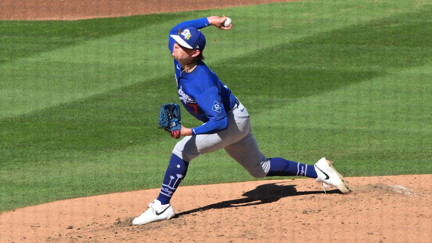 Feb 25, 2026; Salt River Pima-Maricopa, Arizona, USA; Los Angeles Dodgers pitcher River Ryan (77) throws in the third inning against the Arizona Diamondbacks at Salt River Fields at Talking Stick. Mandatory Credit: Matt Kartozian-Imagn Images