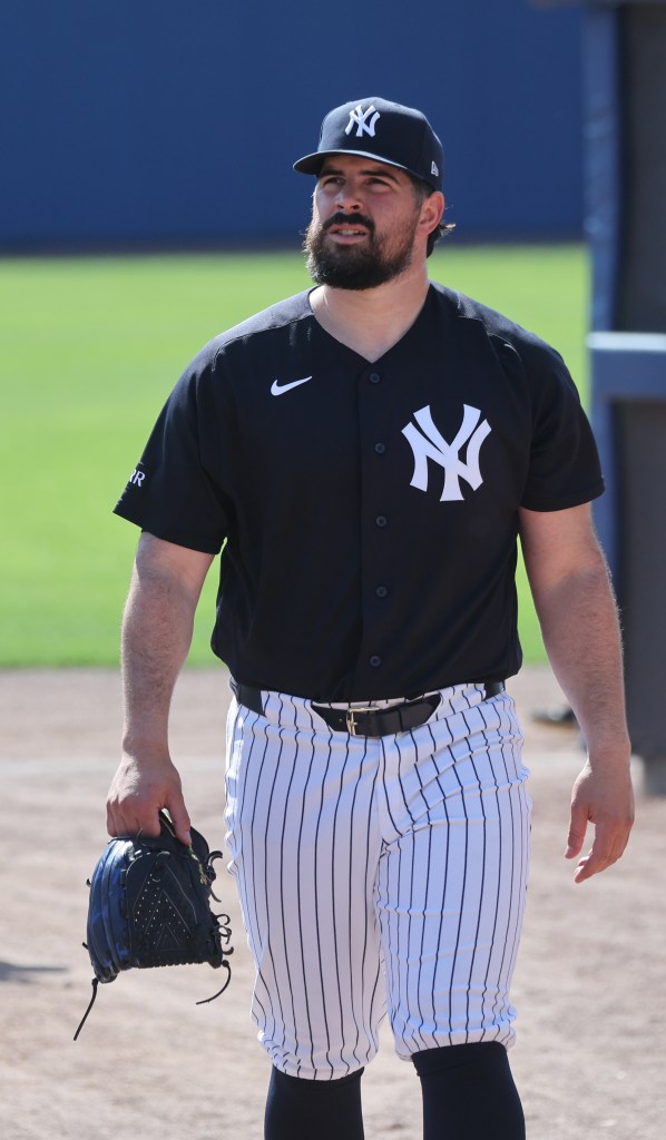 New York Yankees pitcher Carlos Rodón #55, walking to the bullpen during todays workout at Steinbrenner Field, the Yankees Spring Training home in Tampa, Florida.