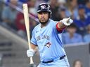 Anthony Santander of the Toronto Blue Jays calls down to the first base umpire on a check swing during a game last year.