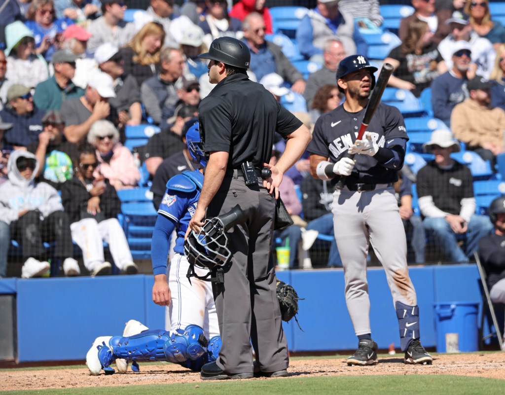 home plate umpire Tom Fornarola makes an announcement as New York Yankees shortstop José Caballero #72, challenged the call which was overturned