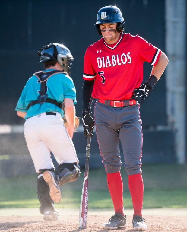 Mission Viejo's David Morgan looks frustrated after striking out to end the fifth inning against Aliso Niguel during Mission Viejo's 7-3 loss to Aliso Niguel in a South Coast League baseball game at Aliso Niguel High in Aliso Viejo on Wednesday, Mar. 14, 2018. (Photo by Kevin Sullivan/Orange County Register/SCNG)