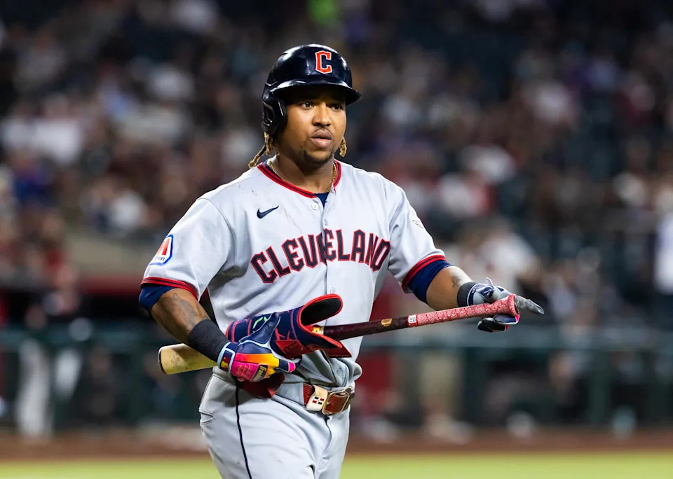 Aug 19, 2025; Phoenix, Arizona, USA; Cleveland Guardians third baseman Jose Ramirez against the Arizona Diamondbacks at Chase Field. Mandatory Credit: Mark J. Rebilas-Imagn Images