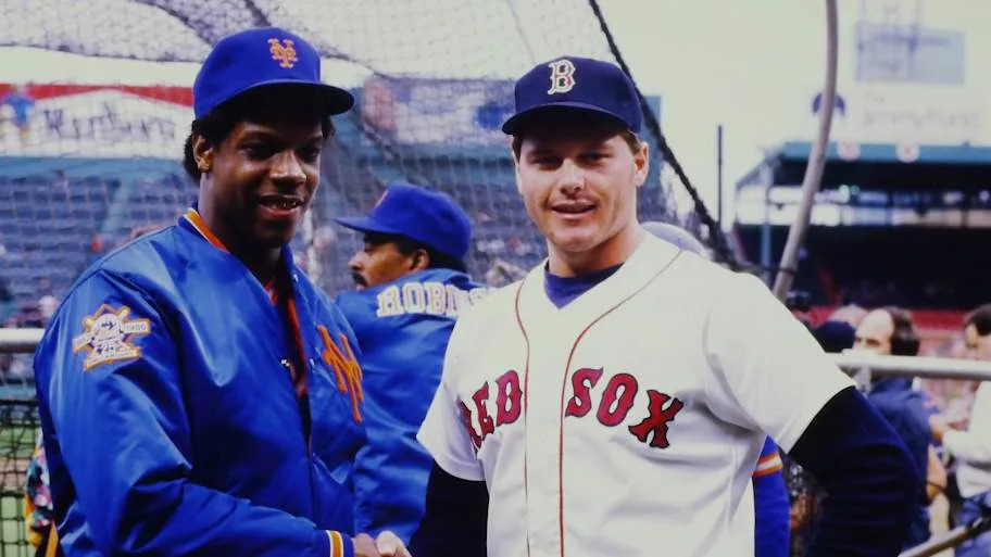 New York Mets Dwight Gooden shaking hands with Boston Red Sox Roger Clemens