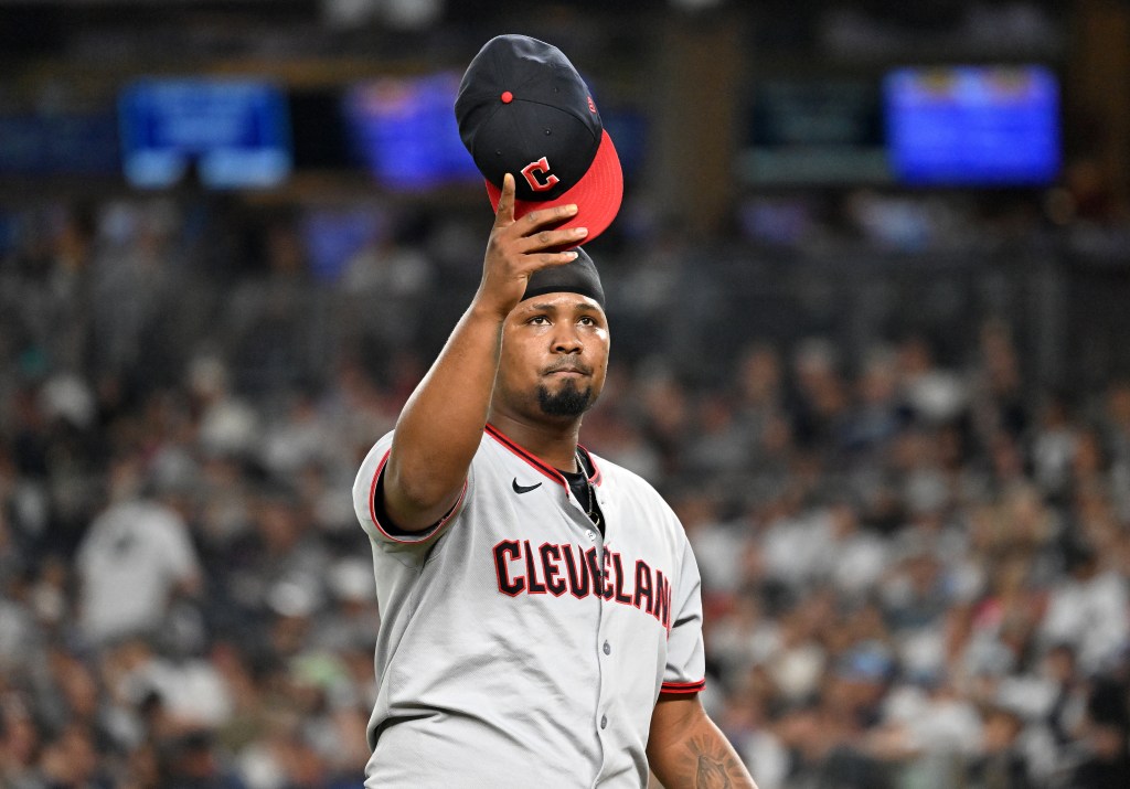  Luis L. Ortiz #45 of the Cleveland Guardians tips his cap as he comes off the mound after being pulled from the game during the sixth inning of the Yankees and Cleveland Guardians game at Yankee Stadium. 