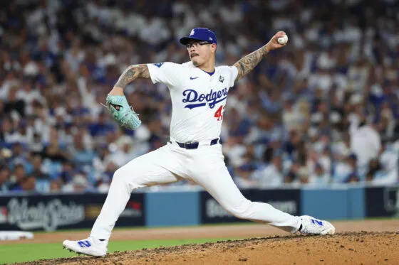 Los Angeles Dodgers pitcher Anthony Banda (43) pitches during the seventh inning against the Toronto Blue Jays during game five of the 2025 MLB World Series at Dodger Stadium. 