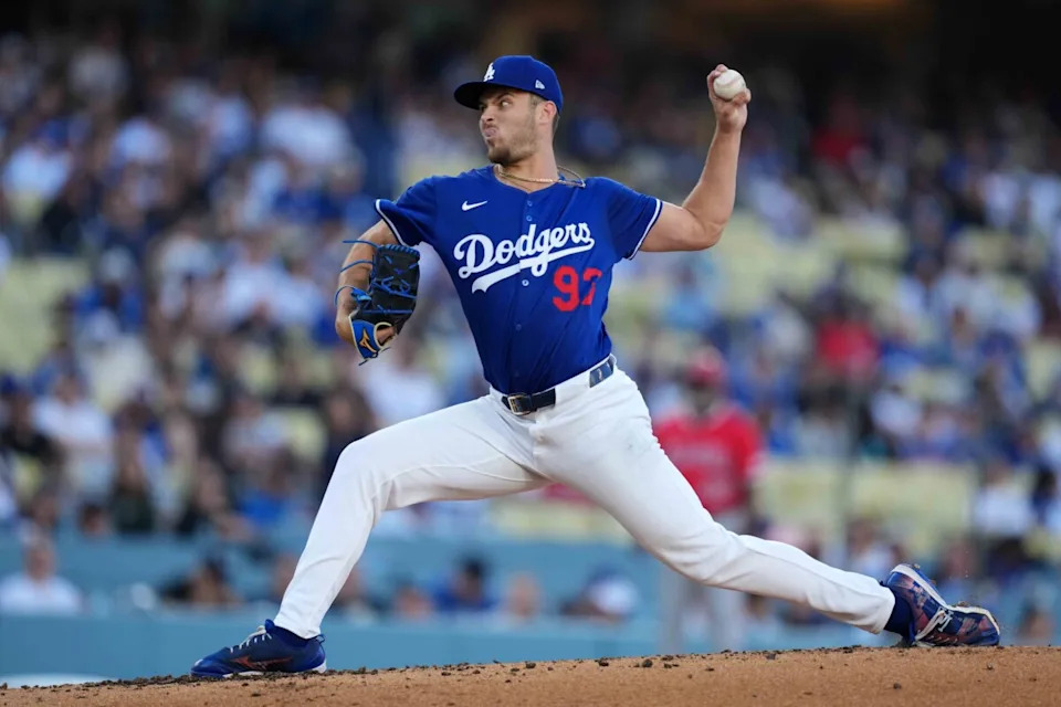 Los Angeles Dodgers pitcher Jackson Ferris (93) throws in the first inning against the Los Angeles Angels at Dodger Stadium.