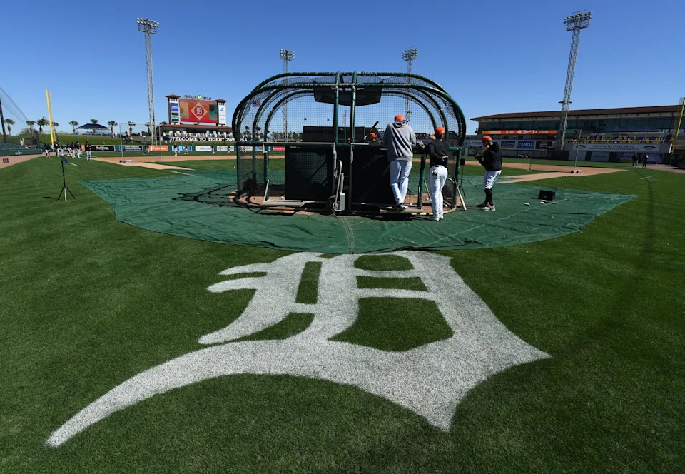 Members of the Detroit Tigers take batting practice before a spring training game against the Minnesota Twins at Publix Field at Joker Marchant Stadium on Monday, Feb. 23, 2026, in Lakeland, Florida.