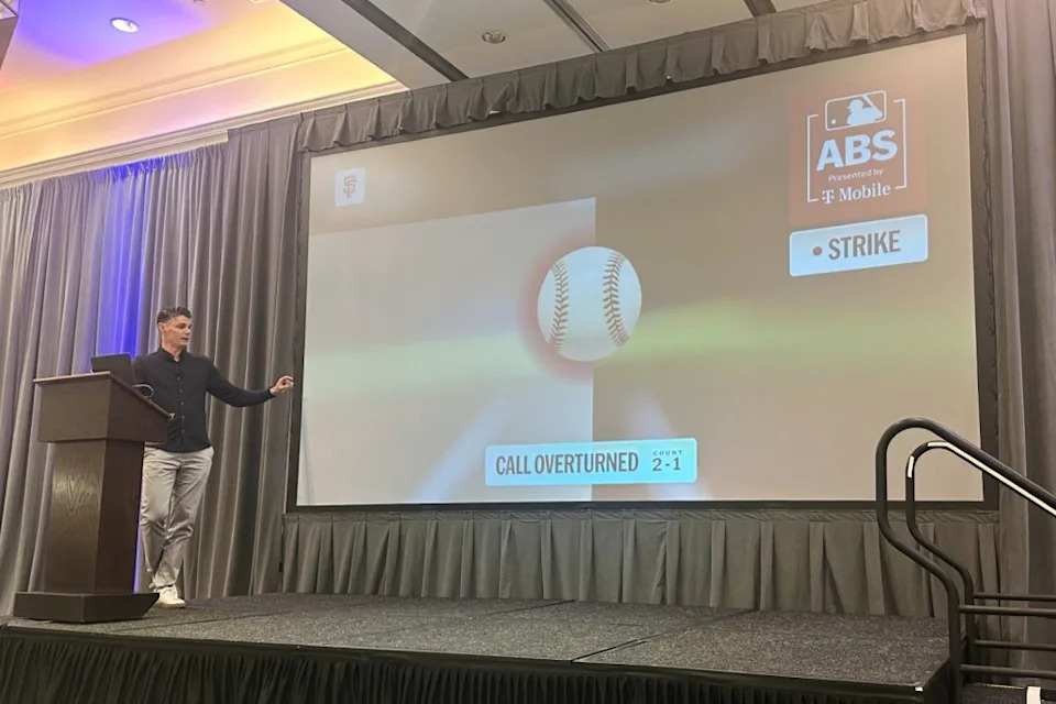 MLB Vice President of On-Field Strategy Joe Martinez gives a presentation about the new Automated Ball/Strike system that will be used in regular season games, Thursday, Feb. 12, 2026, AP