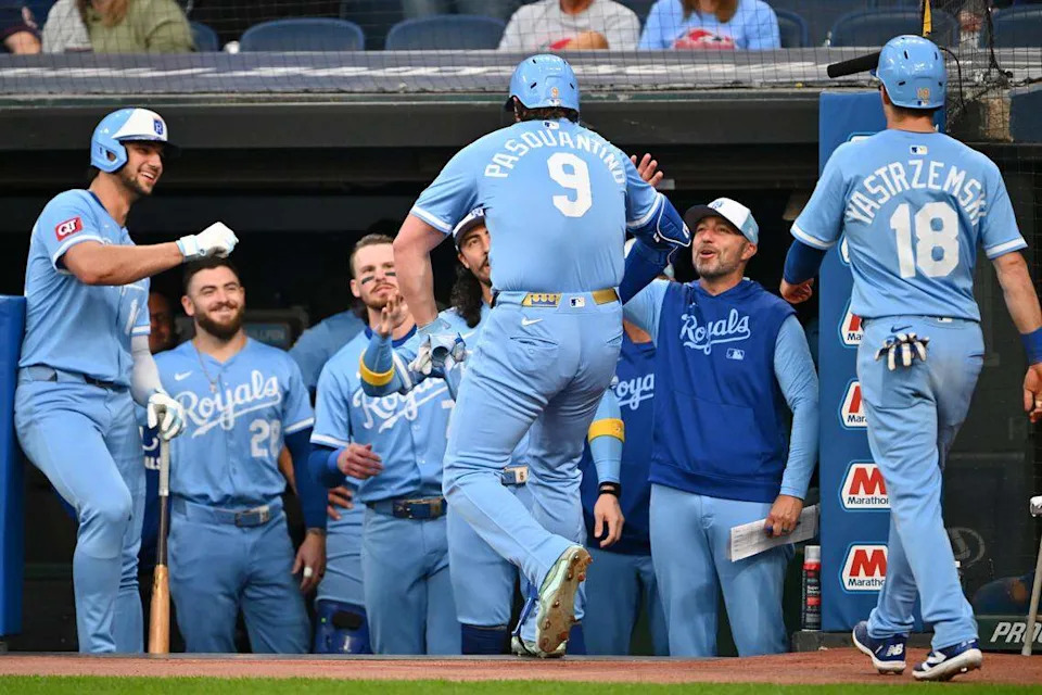 Vinnie Pasquantino #9 of the Kansas City Royals celebrates with his teammates after hitting a two-run home run during the first inning against the Cleveland Guardians at Progressive Field on September 11, 2025 in Cleveland, Ohio. Jason Miller/Getty Images