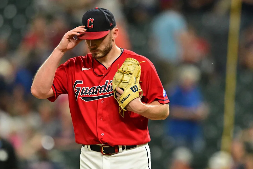 Sep 5, 2023; Cleveland, Ohio, USA; Cleveland Guardians relief pitcher Trevor Stephan (37) reacts after giving up a three run triple to Minnesota Twins first baseman Donovan Solano (not pictured) during the eighth inning at Progressive Field. Mandatory Credit: Ken Blaze-Imagn Images