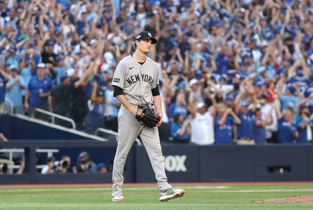 New York Yankees pitcher Max Fried reacts after giving up a two-run homer to Ernie Clement of the Toronto Blue Jays during the second inning.