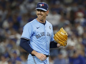 Shane Bieber of the Toronto Blue Jays reacts during the World Series against the Los Angeles Dodgers.