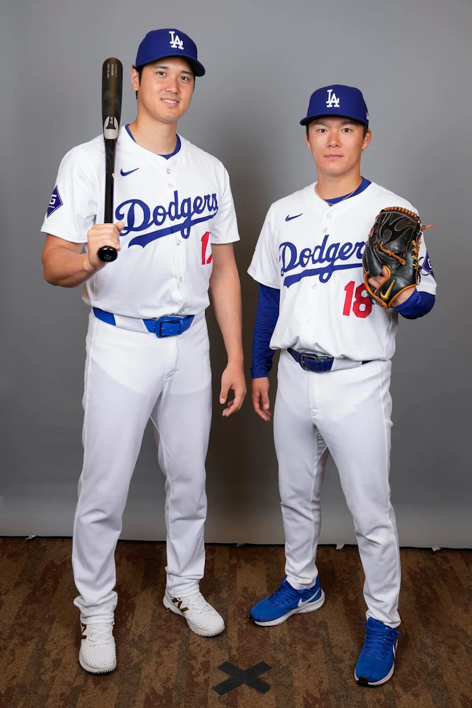 Dodgers stars Shohei Ohtani and Yoshinobu Yamamoto pose for a photo that highlighted sheer uniforms on Feb. 21.