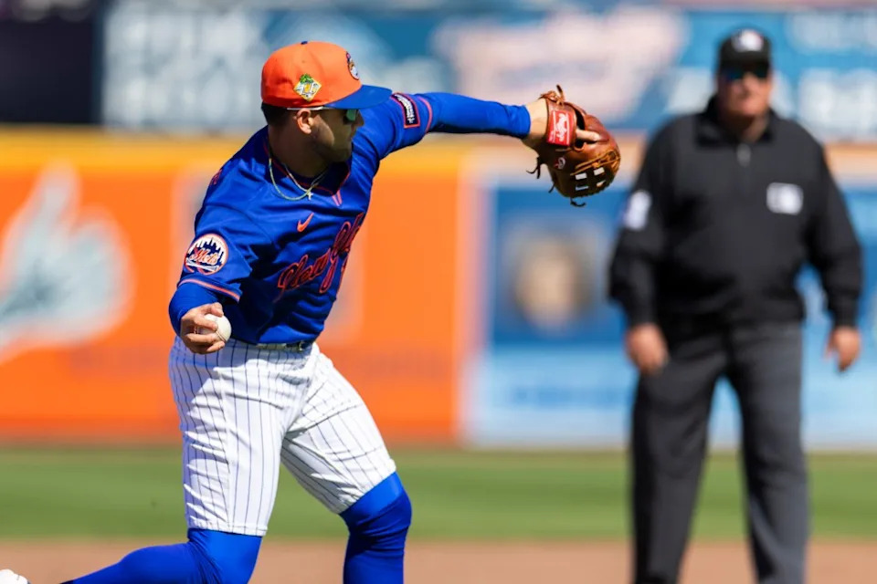 New York Mets third baseman Bo Bichette barehands a grounder and throws out Zach Dezenzo at first base in the third inning during spring training at Clover Field, Tuesday, Feb. 24, 2026. Corey Sipkin for the NY POST