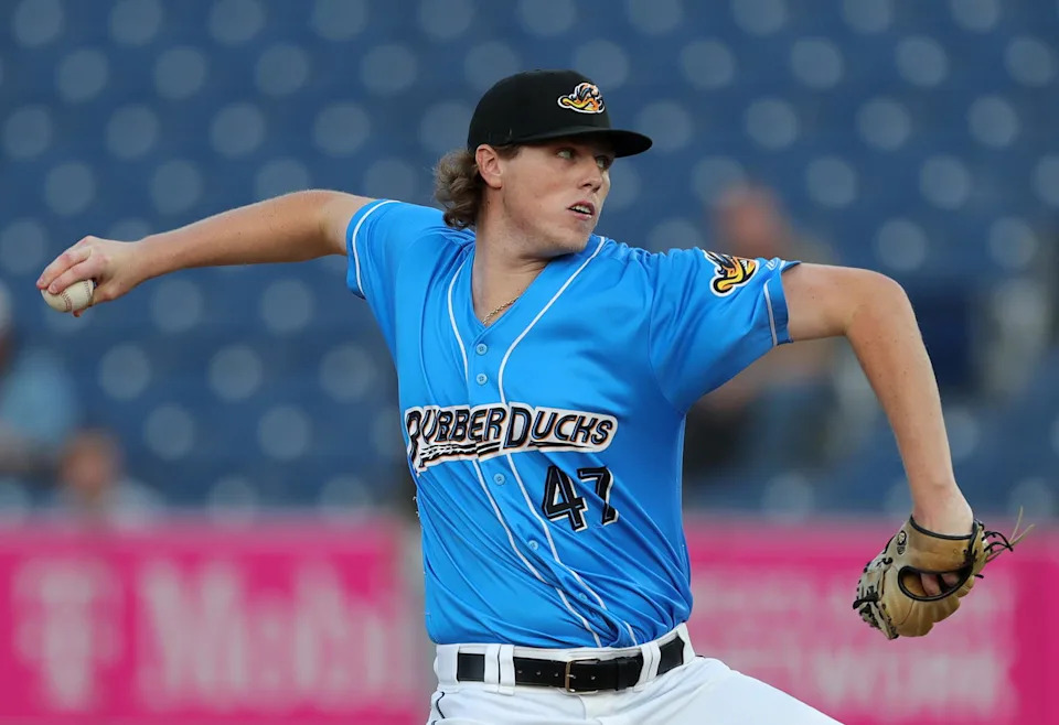 RubberDucks starting pitcher Austin Peterson throws against the Erie SeaWolves during the first inning of Game 1 of the Eastern League Playoffs at Canal Park, Tuesday, Sept. 17, 2024.&nbsp;© Jeff Lange / USA TODAY NETWORK via Imagn Images