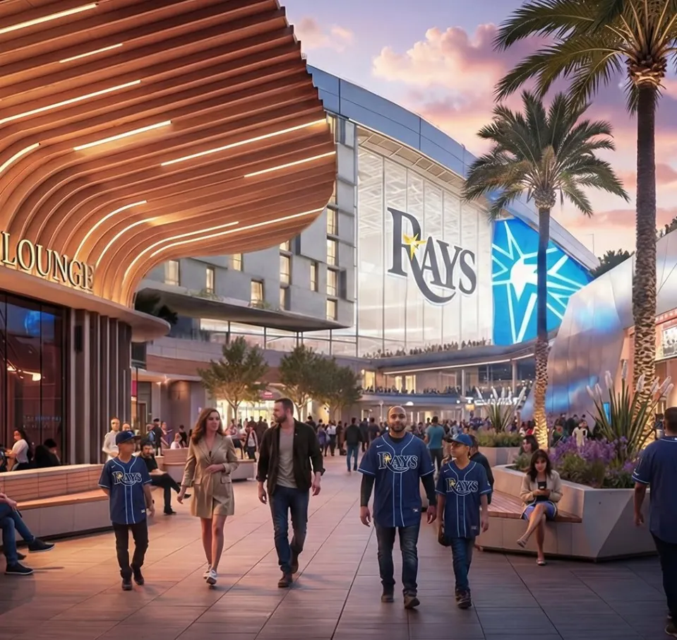 Renders of the new Tampa Bay Rays stadium, released as the project hits a new milestone