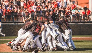 Logan Hughes rounds the bases after one of his two home runs during the 2026 Texas Tech Baseball Alumni Game