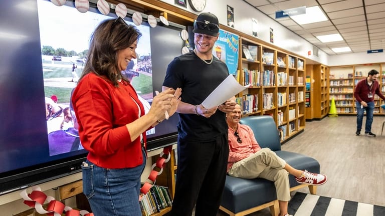 Los Angeles Angels catcher Logan O’Hoppe, of Sayville, with his...