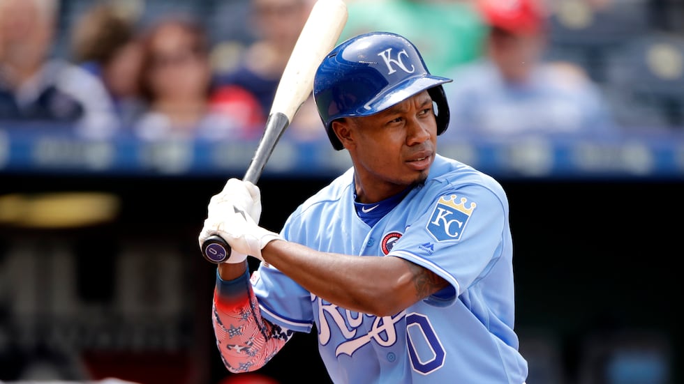 Kansas City Royals' Terrance Gore bats during the third inning of a baseball game Thursday,...