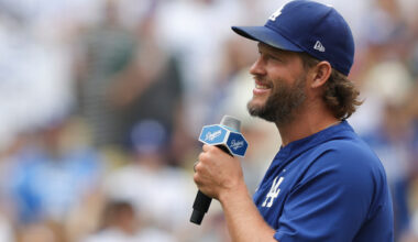 FILE - Los Angeles Dodgers pitcher Clayton Kershaw speaks to fans before a baseball game against the San Francisco Giants, Sept. 21, 2025, in Los Angeles. (AP Photo/Jessie Alcheh, File)