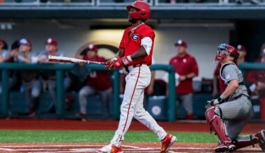 Georgia infielder Ryan Black (2), Georgia infielder Kolby Branch (9) after Georgia’s game against FGCU at Foley Field in Athens, Ga., on Sunday, March 2, 2025. (Conor Dillon/UGAAA)