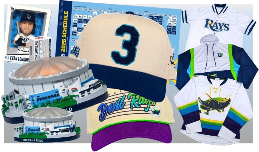 Tampa Bay Rays' promotional giveaways for 2026 include, clockwise from top left, an Evan Longoria bobble card, schedule magnet, jersey jacket, windbreaker, hockey jersey, throwback "Devil Rays" cap, light-up Tropicana Field and Longoria No. 3 snapback cap.
