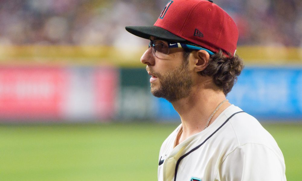 Apr 13, 2025; Phoenix, Arizona, USA; Arizona Diamondbacks pitcher Zac Gallen (23) reacts after the end of the second inning against the Milwaukee Brewers at Chase Field. Mandatory Credit: Allan Henry-Imagn Images D-Backs